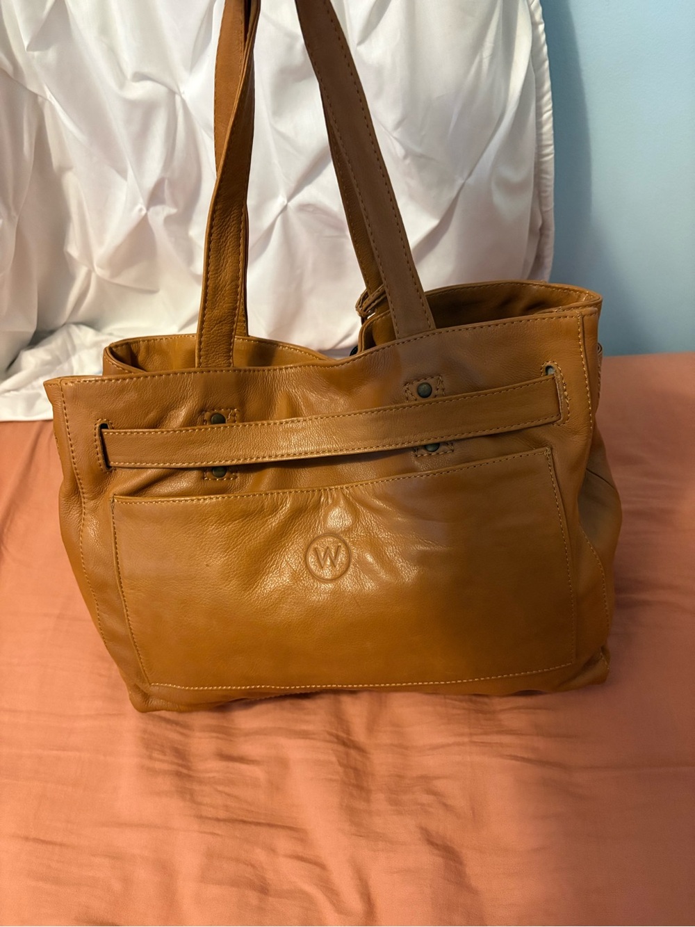 Wanderers Travel Co Tan Leather Shoulder Tote with Front Belt Detail - Picture 2 of 8